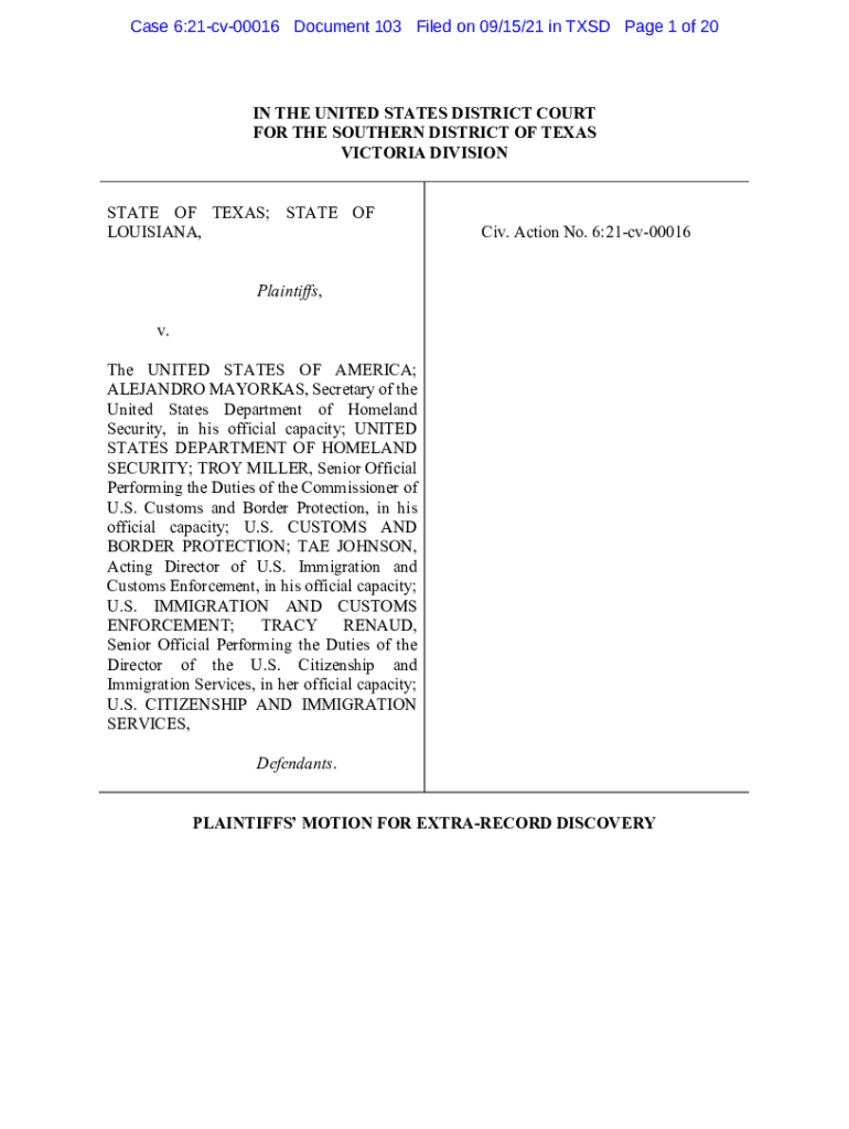 Fillable Online PLAINTIFFS MOTION FOR EXTRA RECORD DISCOVERY Fax Email 