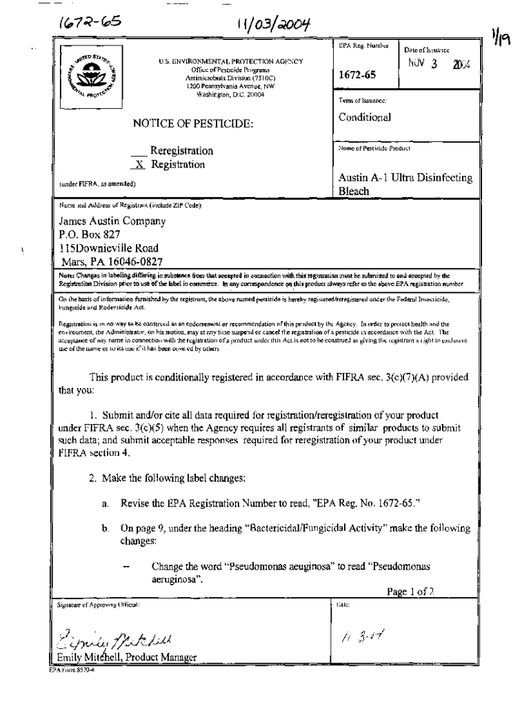 Fillable Online U.S. EPA, Pesticide Product Label, AUSTIN A1 ULTRA DISINFECTING BLEACH, 11/03