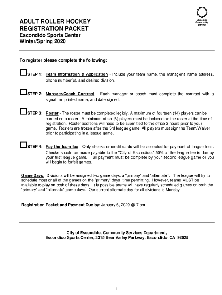 Fillable Online recreation escondido Adult and Competitive Youth Arena