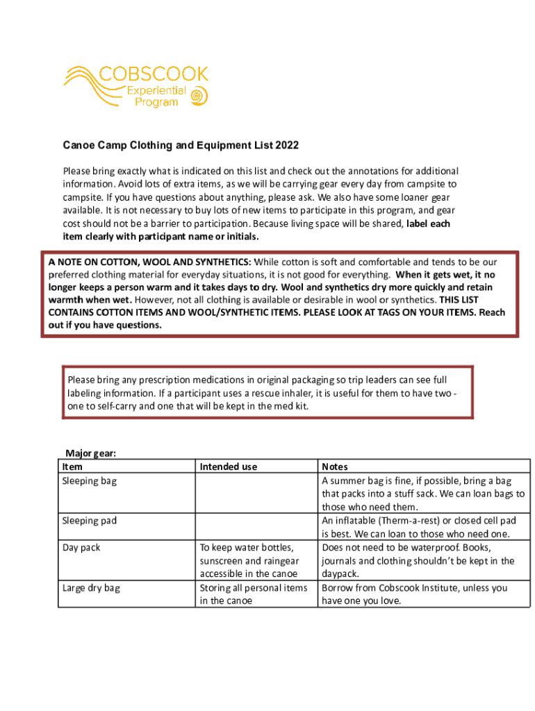 Fillable Online Canoe Trip Packing List: Everything You Need for a ...