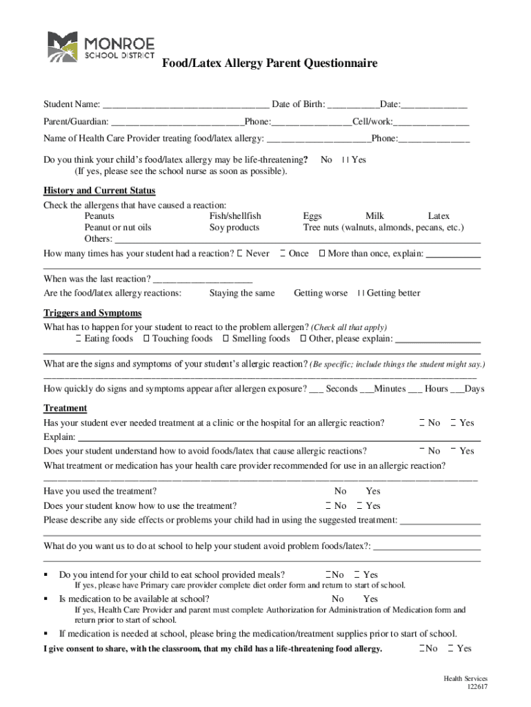 Fillable Online Food Latex Allergy Parent Questionnaire Fax Email Print