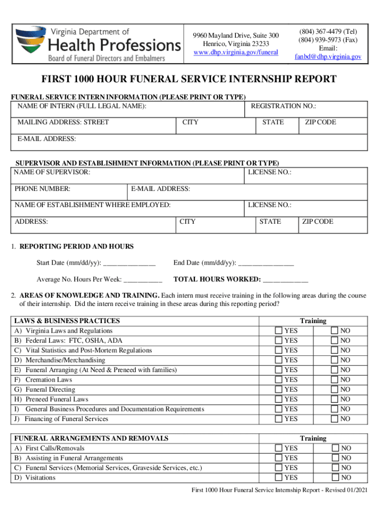 Fillable Online First 1000 Hour Funeral Internship Report Form RIS