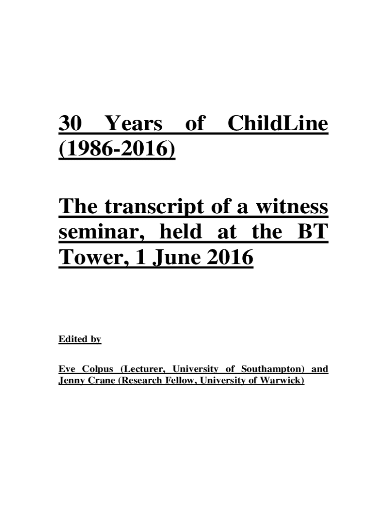 Fillable Online warwick ac 30 Years of ChildLine (19862016) The