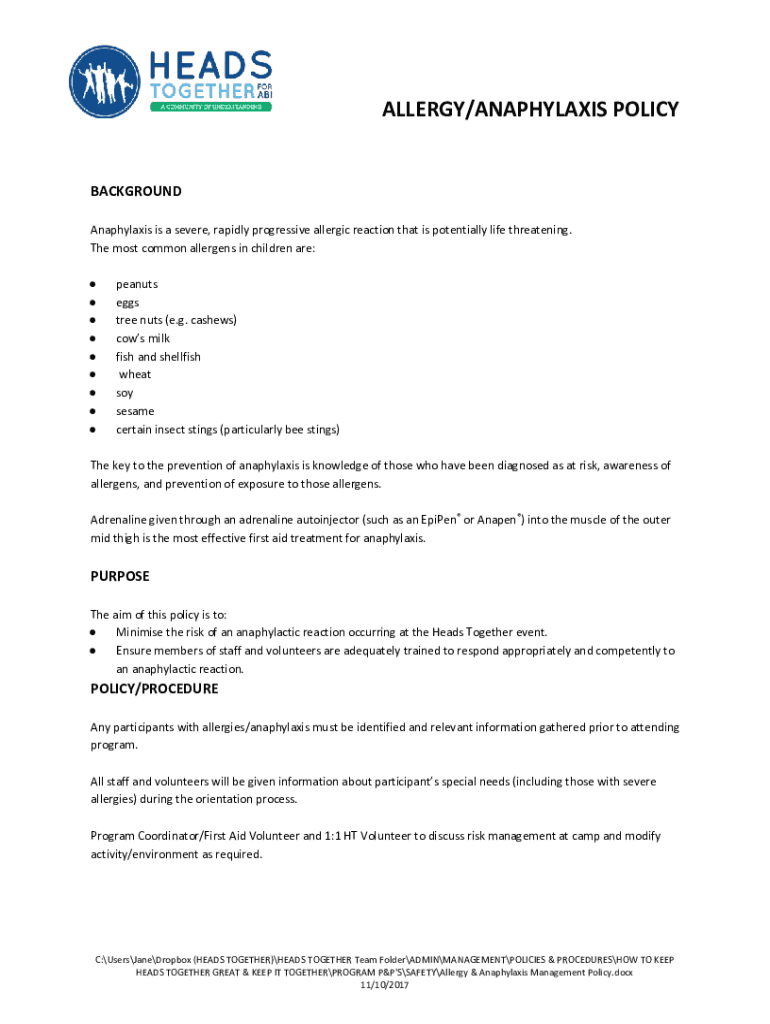 Fillable Online ALLERGY/ANAPHYLAXIS POLICY Fax Email Print pdfFiller