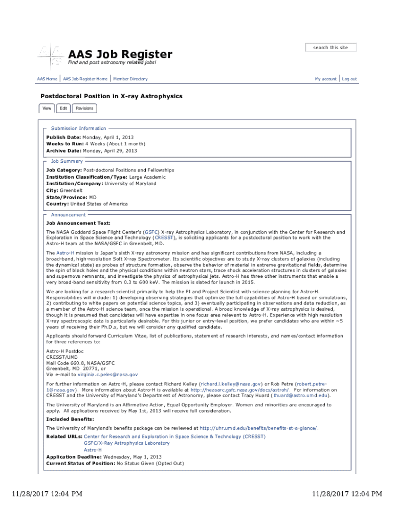 Fillable Online Postdoctoral Positions in Xray Astrophysics AAS Job