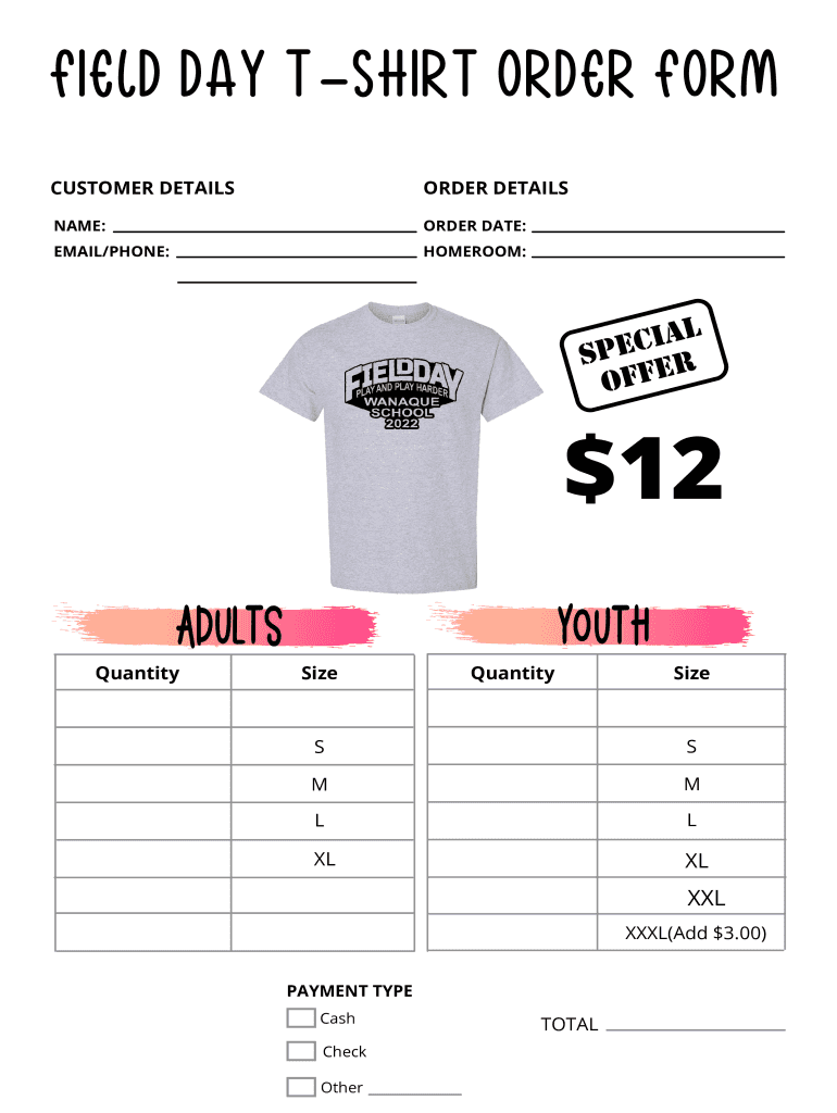 Fillable Online FIELD DAY TSHIRT ORDER FORM Sacred Heart Church Fax