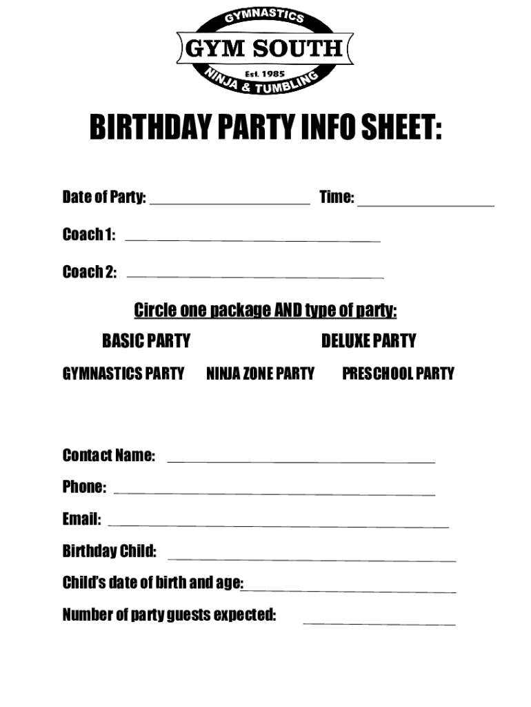 Fillable Online BIRTHDAY PARTY INFO SHEET Fax Email Print PdfFiller