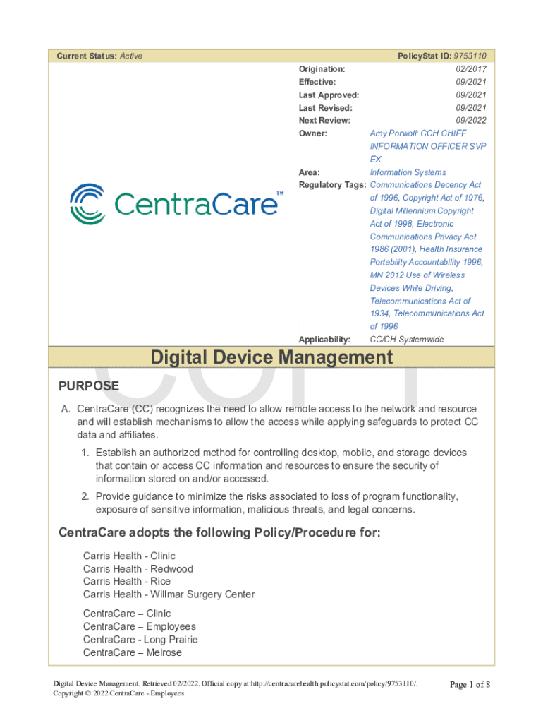Fillable Online Digital Device Management. CentraCare Employees Fax