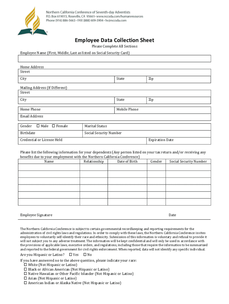 Fillable Online Employee Data Collection Sheet Fax Email Print pdfFiller