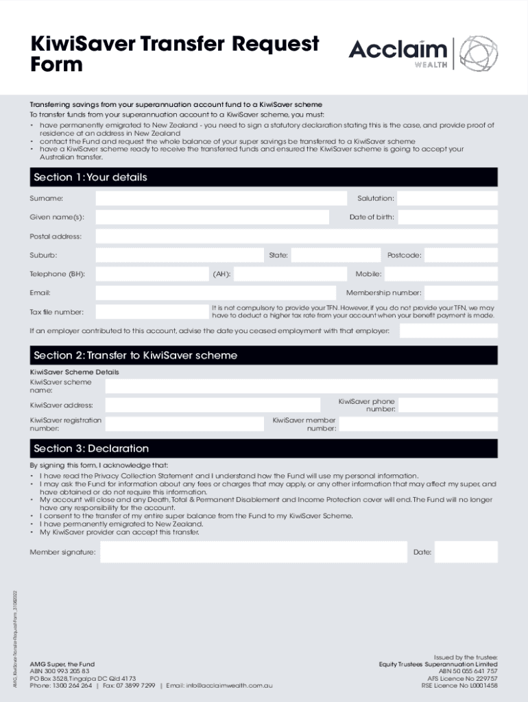 Fillable Online KiwiSaver Transfer To An Australian Super Fund Fax Email Print pdfFiller