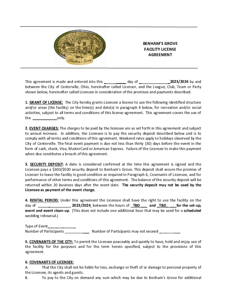 Fillable Online city of centerville facility license agreement Fax