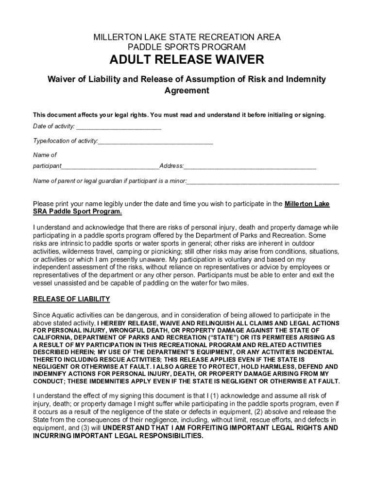 Fillable Online Millerton Lake SRA-Paddle Sports Program-Adult Release ...