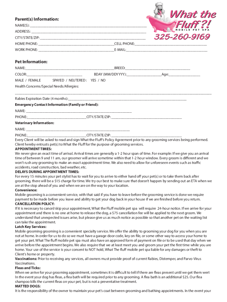 Fillable Online Dog Grooming Matted Hair Release Form Fax Email Print