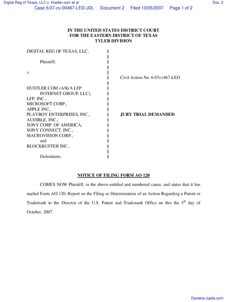 Fillable Online Notice of Filing of Patent/Trademark Form (AO 120). AO