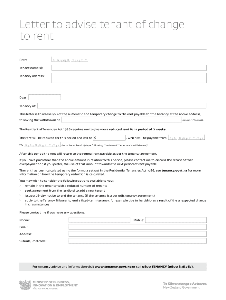 Fillable Online Template letter for landlord to remaining tenants advising of rent reduction Fax