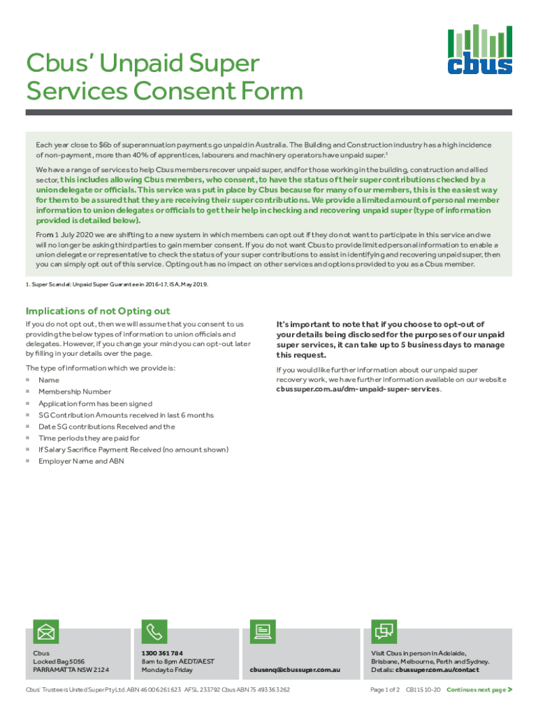 Fillable Online Cbus' Unpaid Super Services Consent Form Fax Email Print pdfFiller
