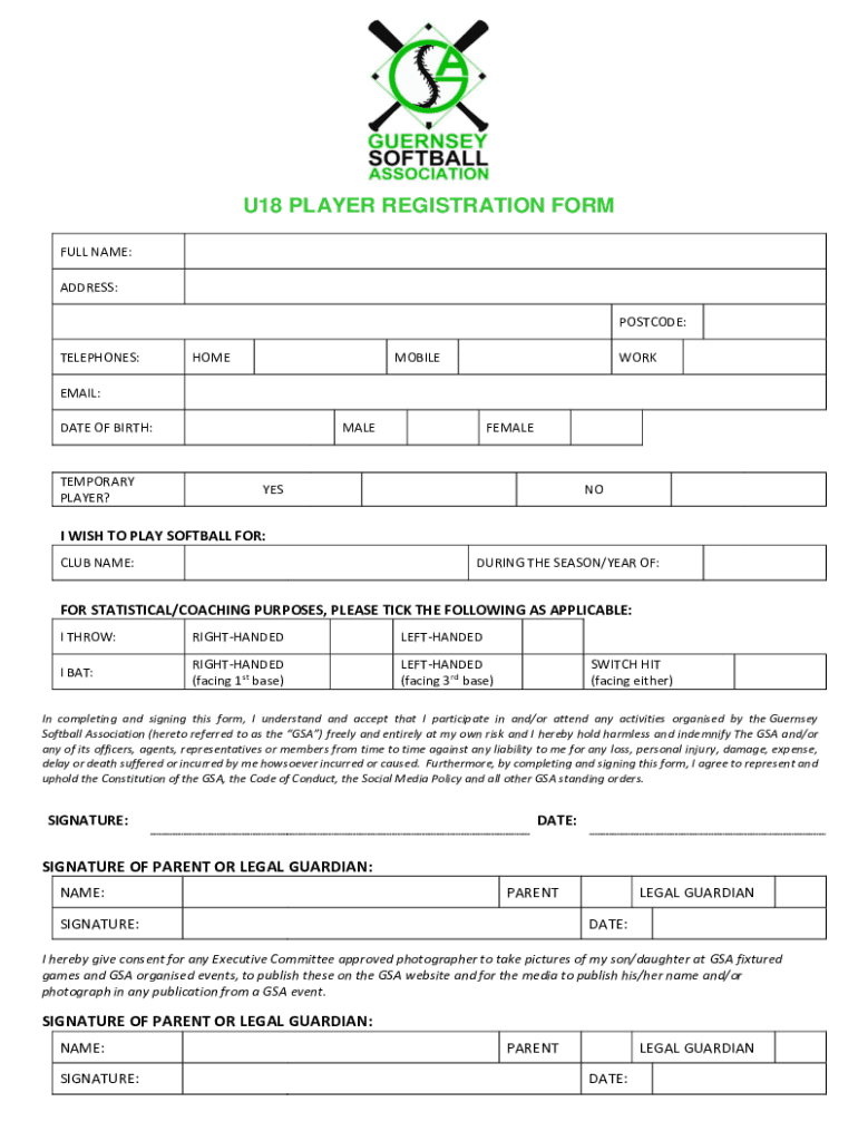 Fillable Online U18 PLAYER REGISTRATION FORM Fax Email Print pdfFiller