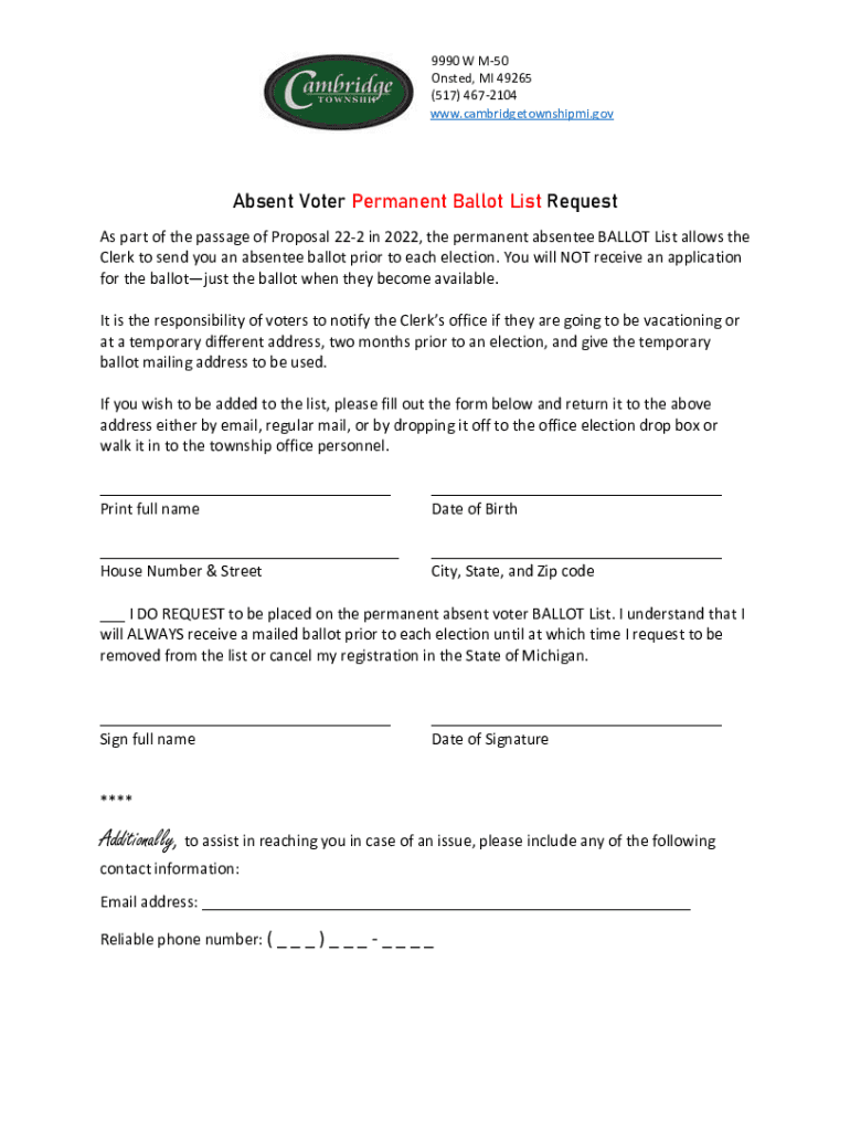 Fillable Online Absent Voter Permanent Ballot List Request Fax Email ...