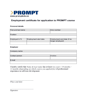 Employment certificate for application to ...
