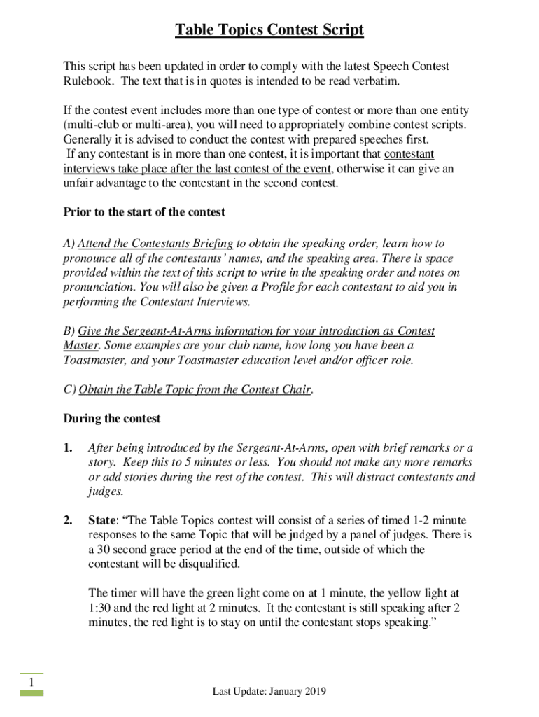 Fillable Online Table Topics and International Speech Contests Script