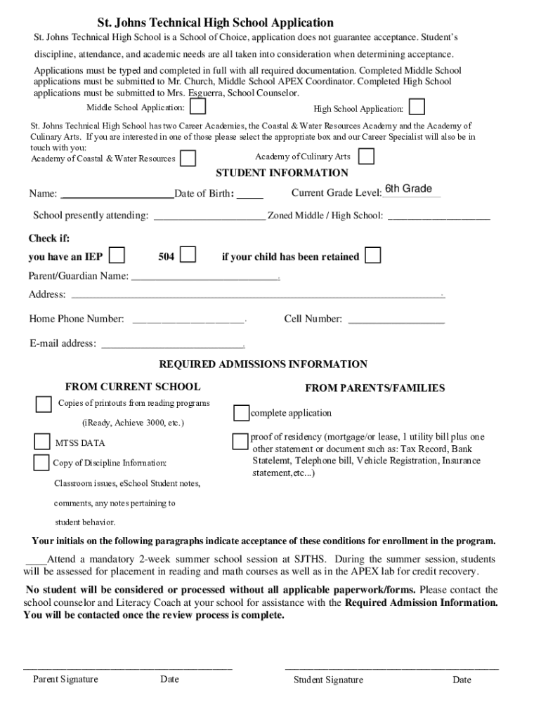 Fillable Online wwwsjths stjohns k12 fl St. Johns Technical High