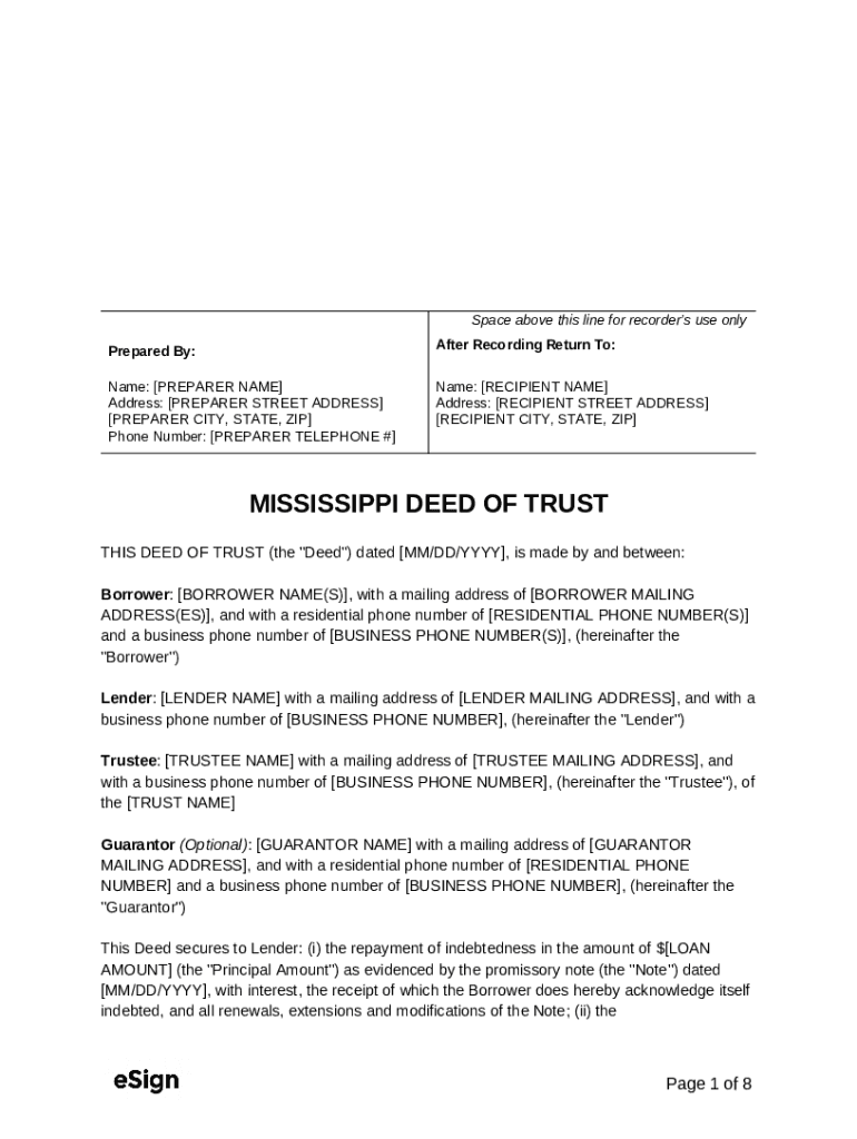Mississippi Deed of Trust Form Preview on Page 1