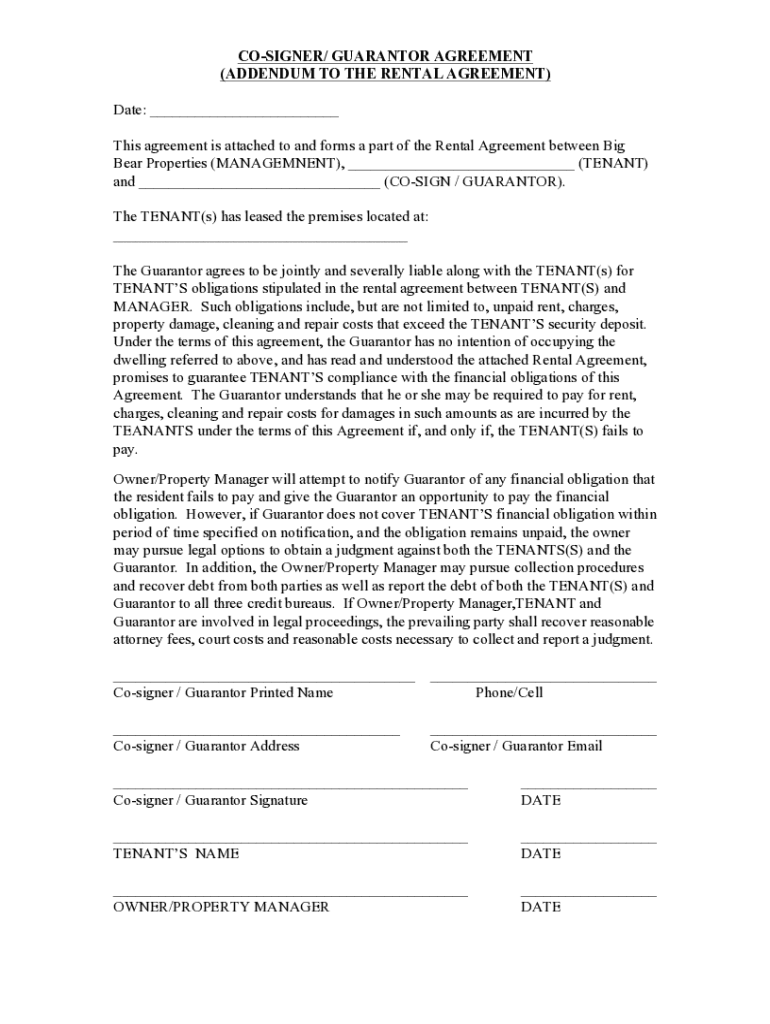 Co-Signer Addendum Template: Rent Protection With One Preview on Page 1