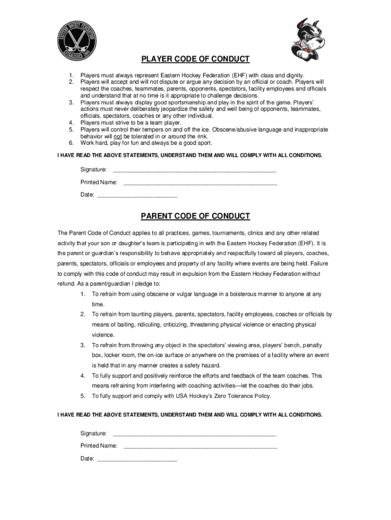 Fillable Online Players Code of Conduct 1. The game of hockey should