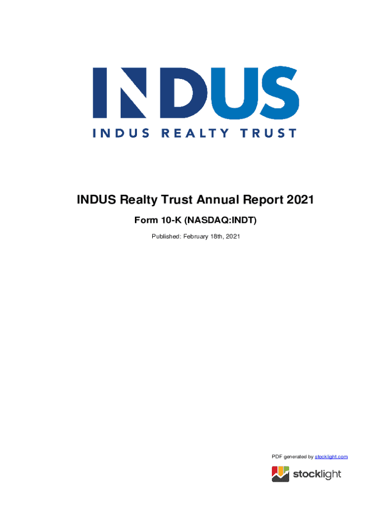 Fillable Online INDUS REALTY TRUST, INC. Form 10K/A Annual Report