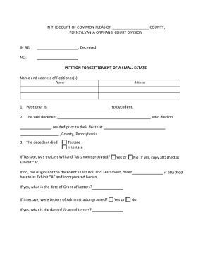 Pennsylvania Petition for Settlement of a Small Estate (Small Estate Affidavit)