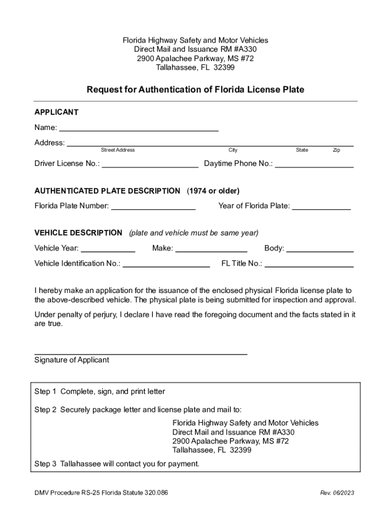 Fillable Online Request for Authentication of Florida License Plate Fax