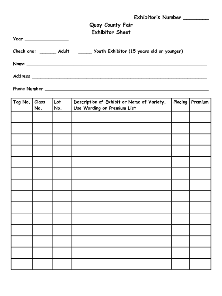 Fillable Online quayextension nmsu Quay County Fair Exhibitor Sheet for