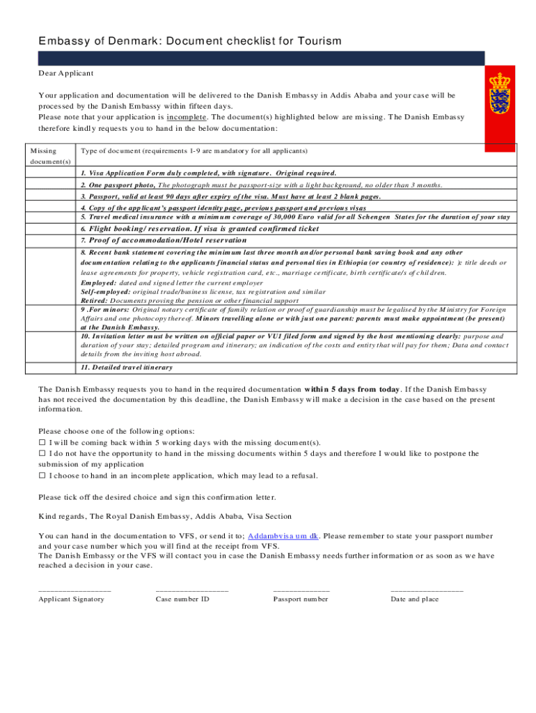 Fillable Online Embassy of Denmark Document checklist for Tourism Fax