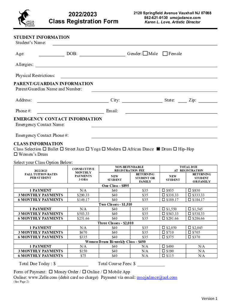 Fillable Online 2022/2023 Class Registration Form Fax Email Print