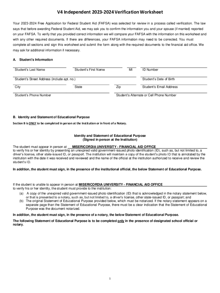 Fillable Online V4 Independent 20232024 Verification Worksheet Fax Email Print pdfFiller