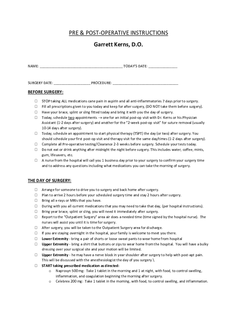 Fillable Online PRE & POSTOPERATIVE INSTRUCTIONS Garrett Kerns, D.O