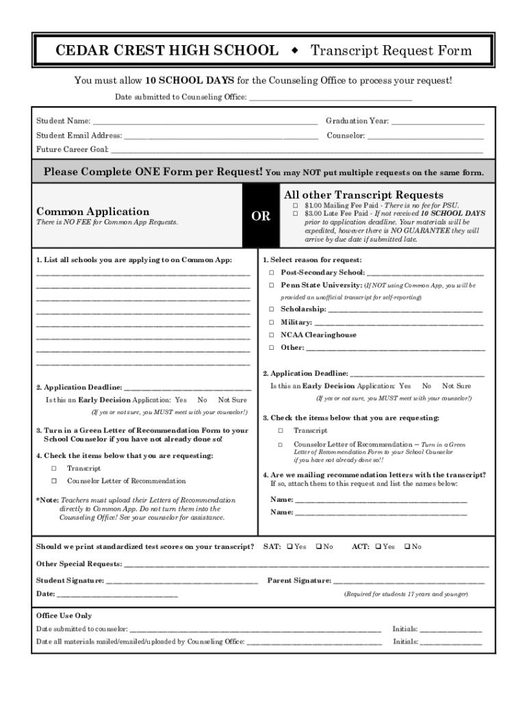 Fillable Online CEDAR CREST HIGH SCHOOL Transcript Request Form Fax