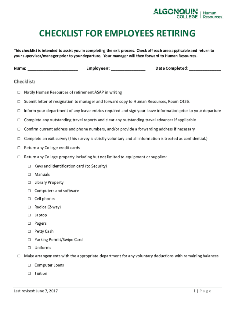 Fillable Online PreRetirement Checklist Human Resources Fax Email