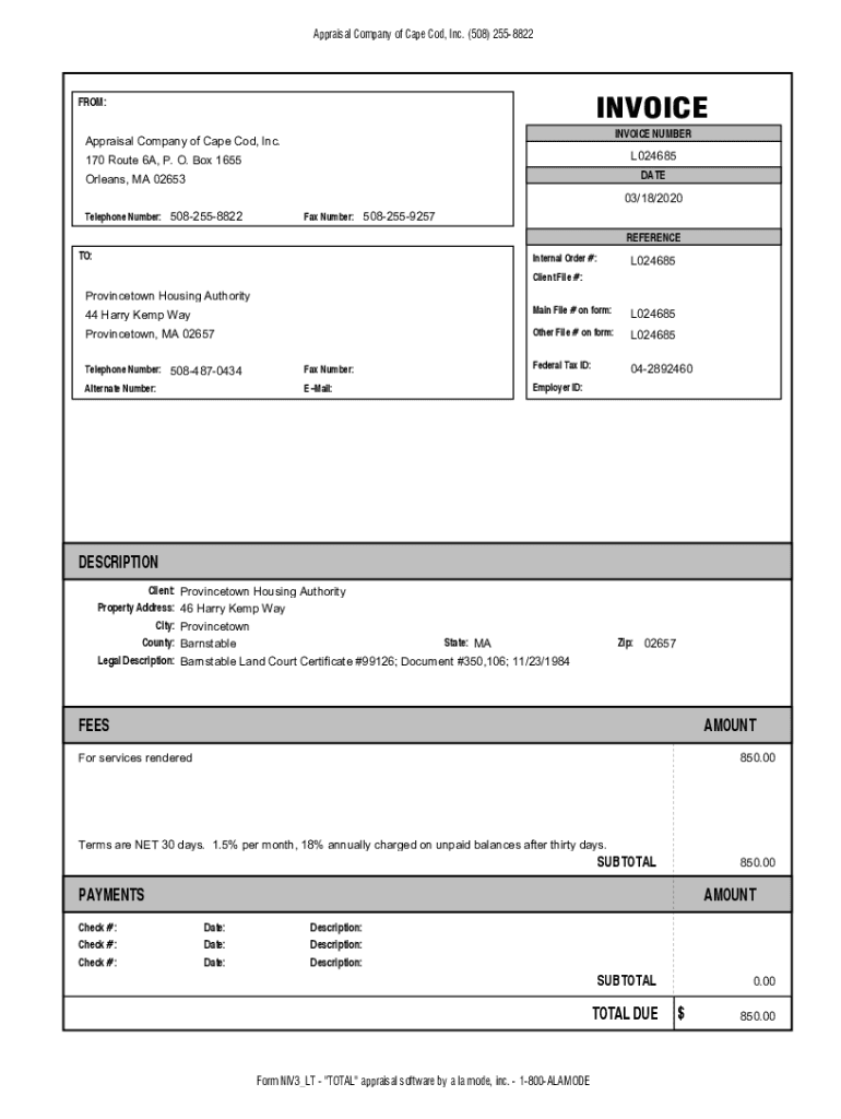 Fillable Online APPRAISAL COMPANY OF CAPE COD - 170 State Rte 6A ...