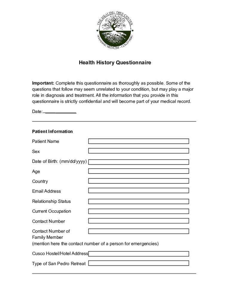 Fillable Online HEALTH HISTORY QUESTIONNAIRE - five points acupuncture ...