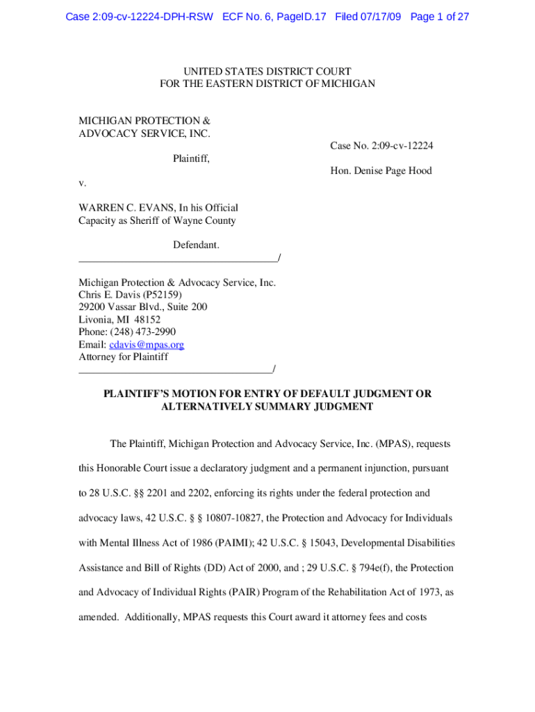 Fillable Online PLAINTIFFS MOTION FOR ENTRY OF DEFAULT JUDGMENT OR