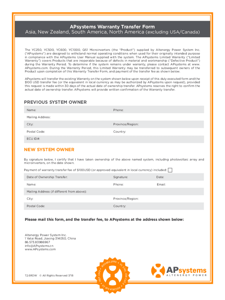 Fillable Online APsystems Warranty Transfer Form Fax Email Print pdfFiller