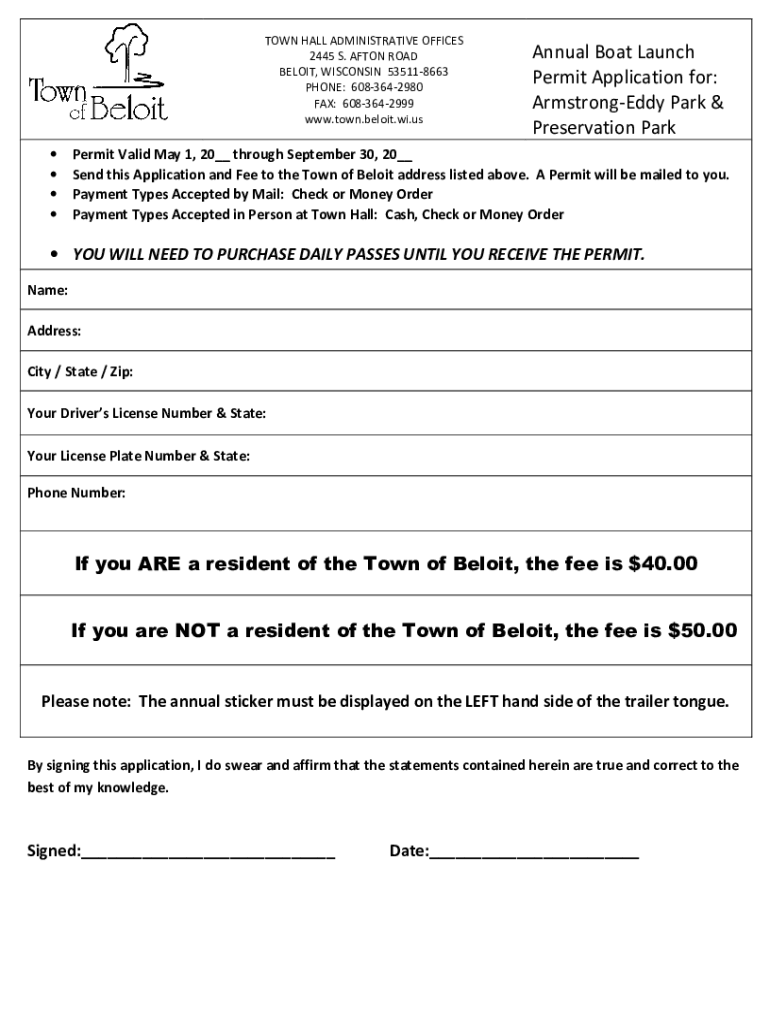 Fillable Online Annual Boat Launch Permit Application for Armstrong