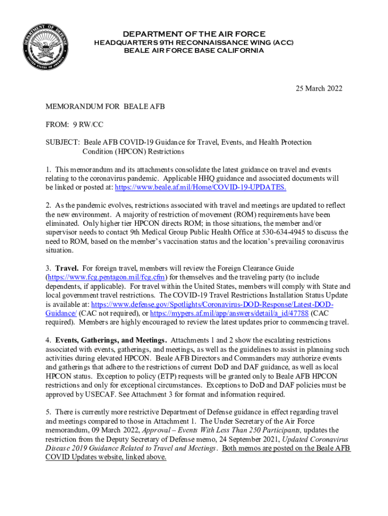 Fillable Online 9 RW/CC SUBJECT Beale AFB COVID19 Guidance for Tra
