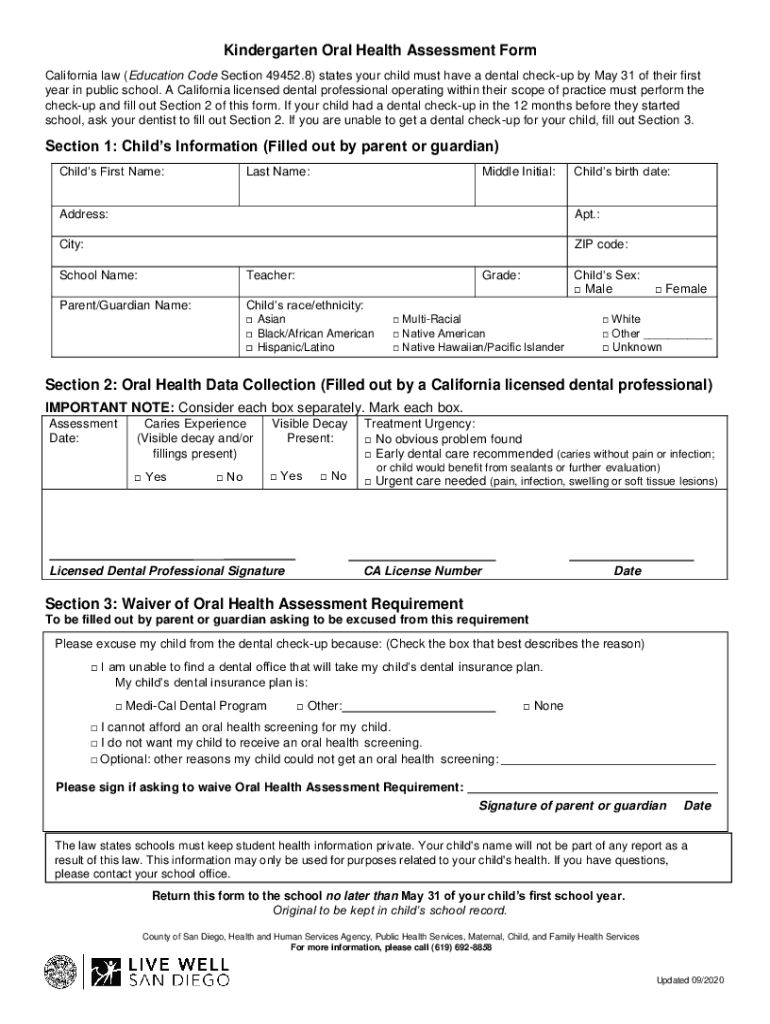Fillable Online Kindergarten Oral Health Assessment Form Section 1 Fax