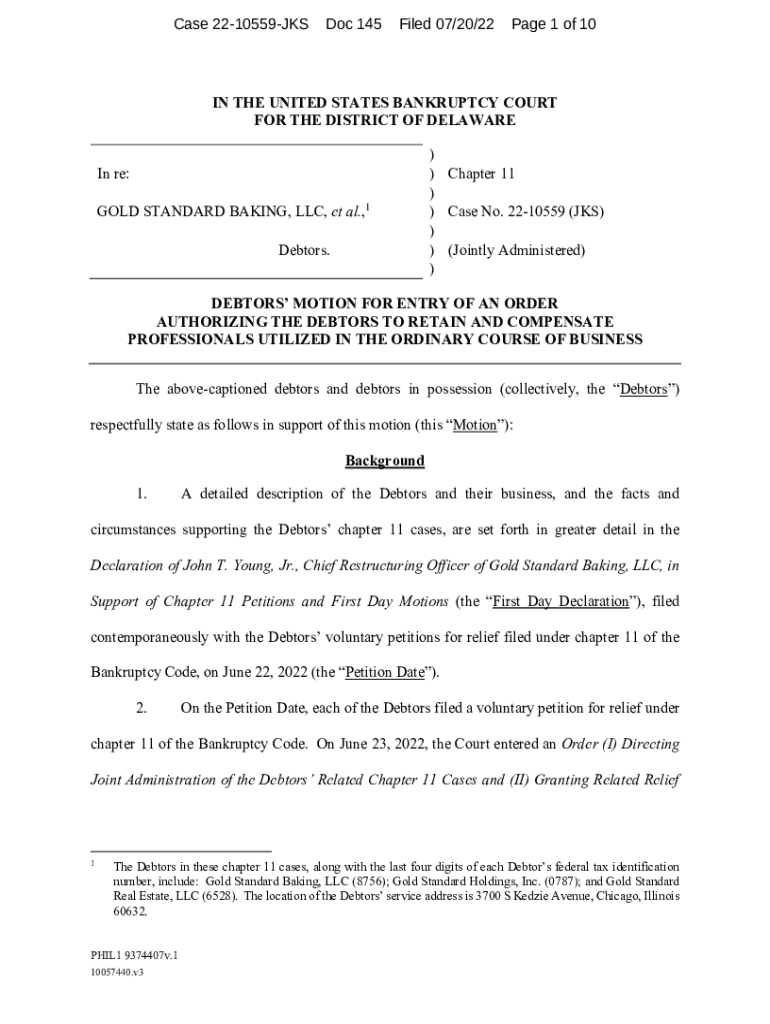 Fillable Online Gold Standard Baking, LLC, et al. Documents List Our