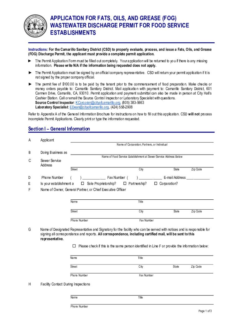 Fillable Online APPLICATION FOR FATS, OILS, AND GREASE (FOG) Fax