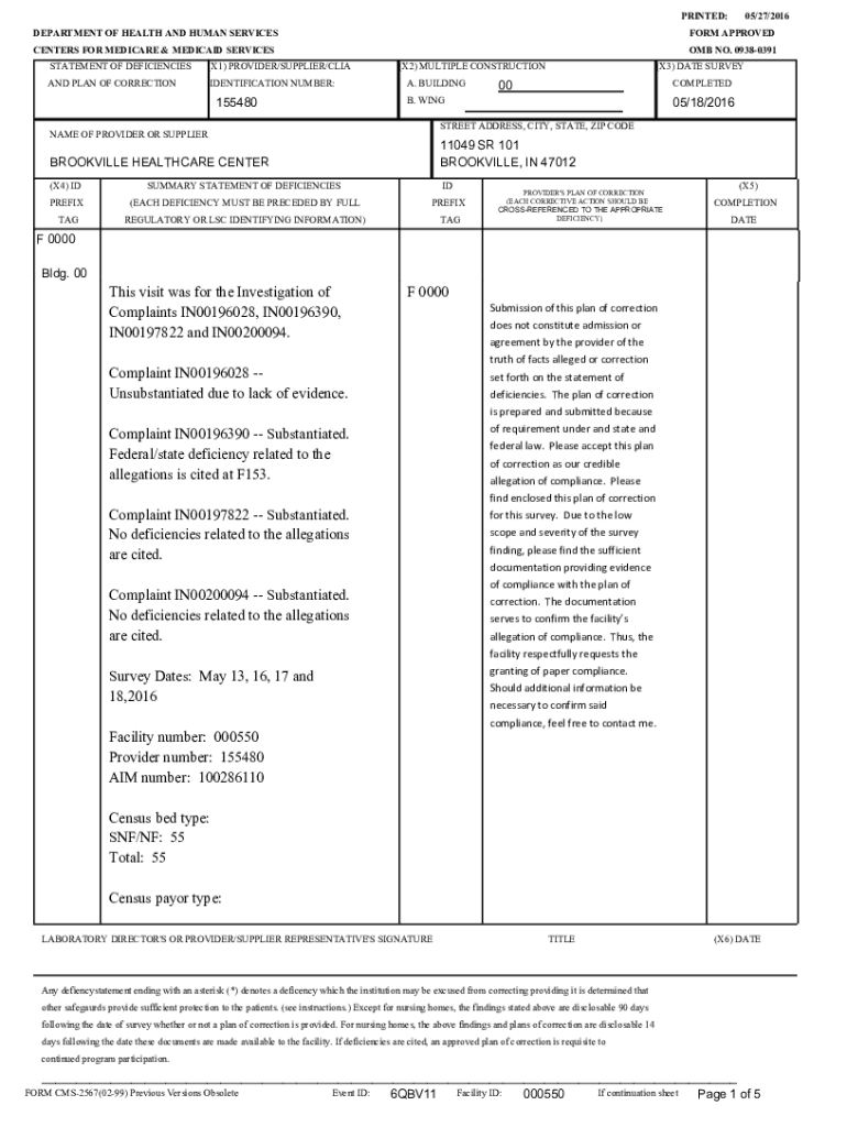 Fillable Online Statement of deficiencies and plan of correction Fax