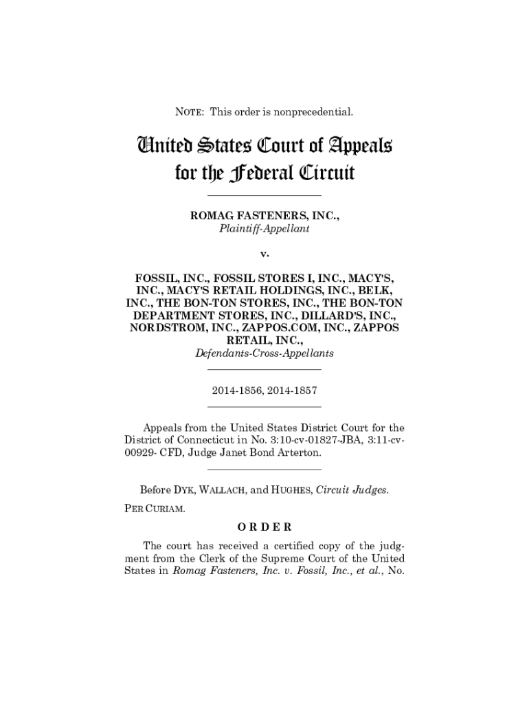 Fillable Online cafc uscourts Romag Fasteners V. Fossil Unfastening