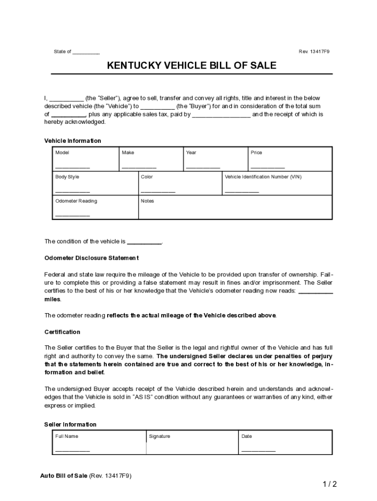 Bill of Sale Form Kentucky for Motor Vehicle and General Sale Preview on Page 1